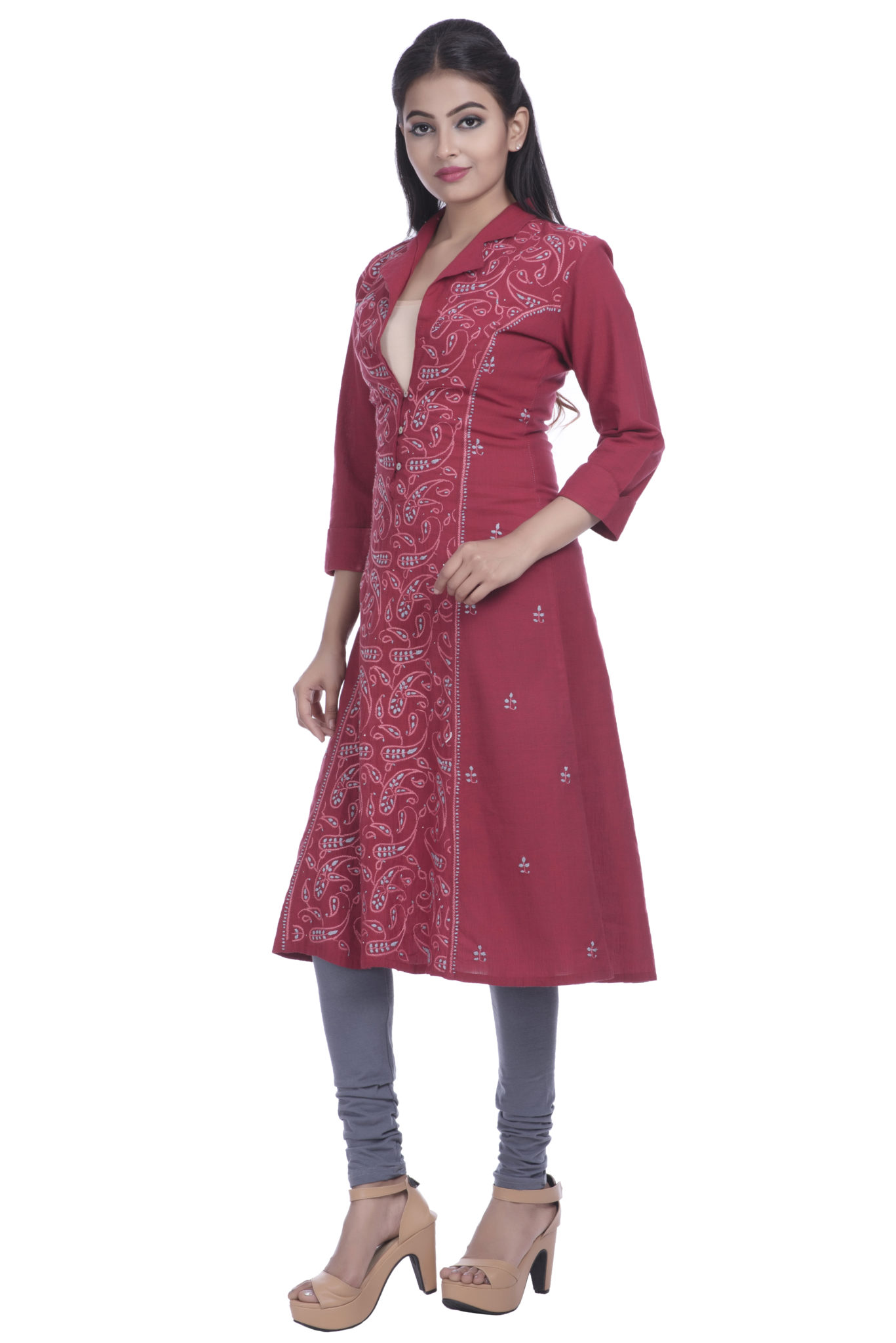 maroon chikan kurti