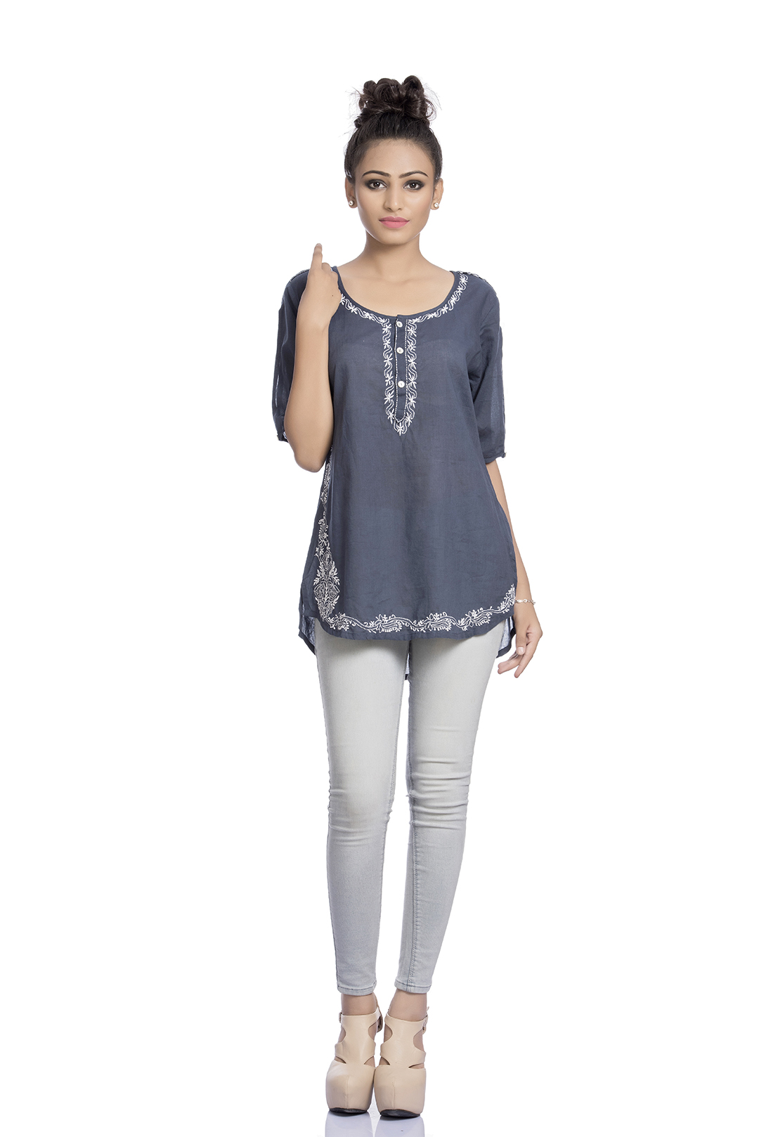 Navy blue round neck blouse | Ethnic and Beyond