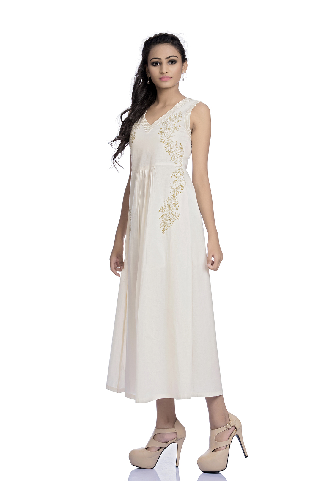 Avani Chikankari Off White Pure Cotton V Neck Dress