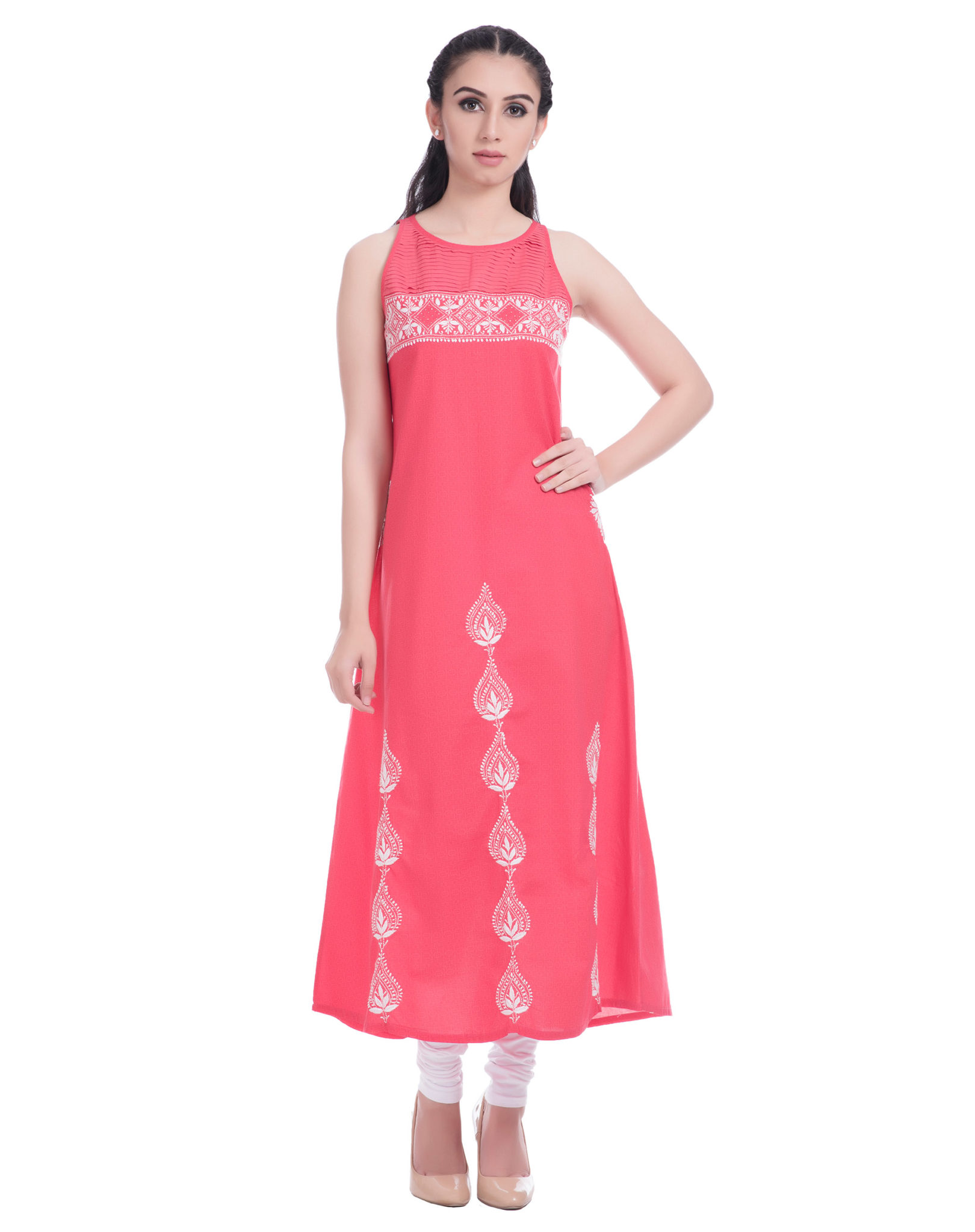 Printed Cotton sleeveless Chikankari Kurta with Embroidered yoke ...