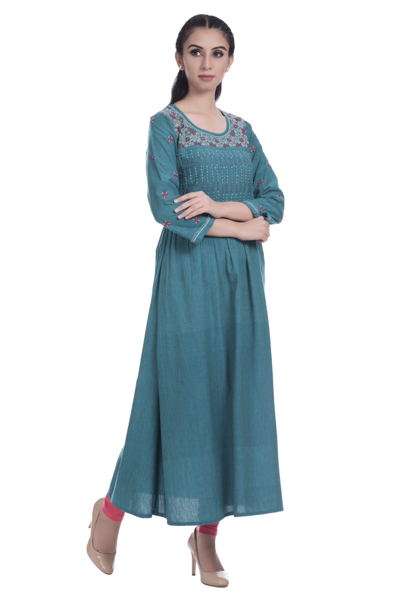 Turq Color 3/Q Sleeves Chikankari Kurta | Ethnic and Beyond