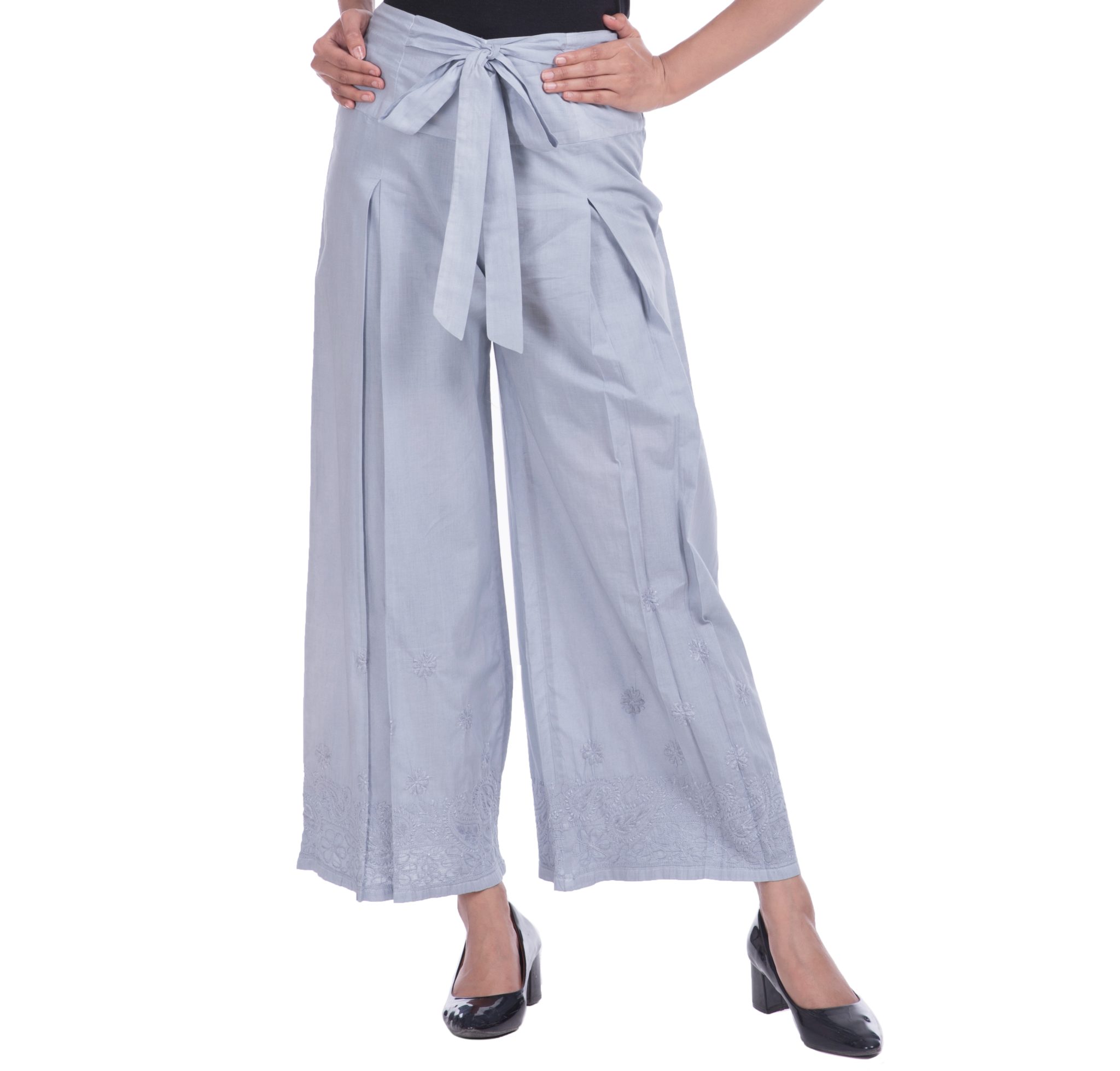 Box pleat palazzo with belt detail in grey color | EnBFashion