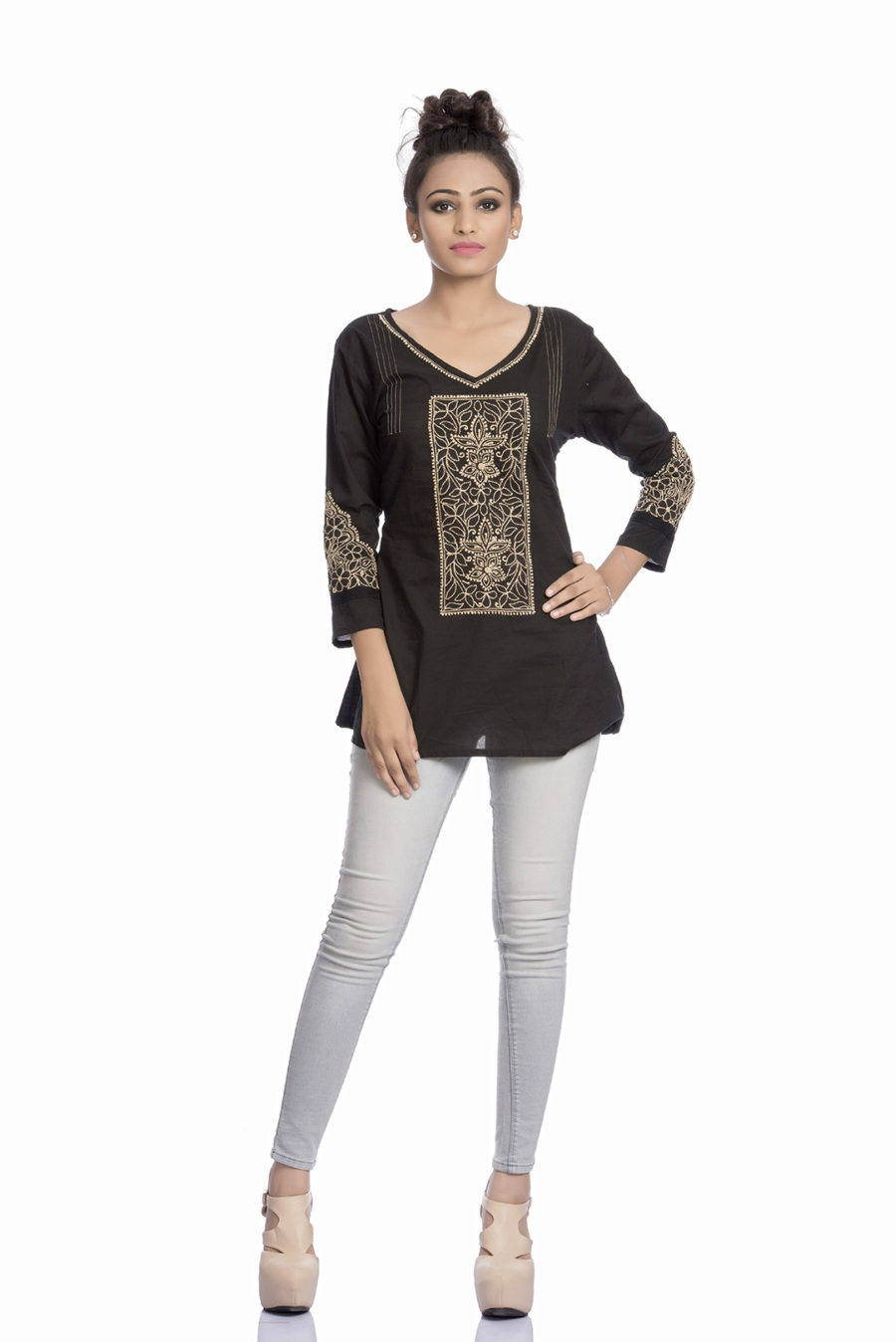 Black top with chikan embroidery.