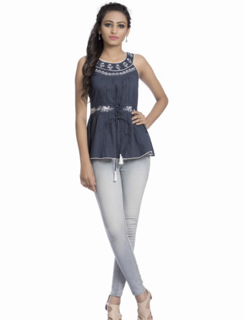 Navy Camisole Top with Chikan Embroidery