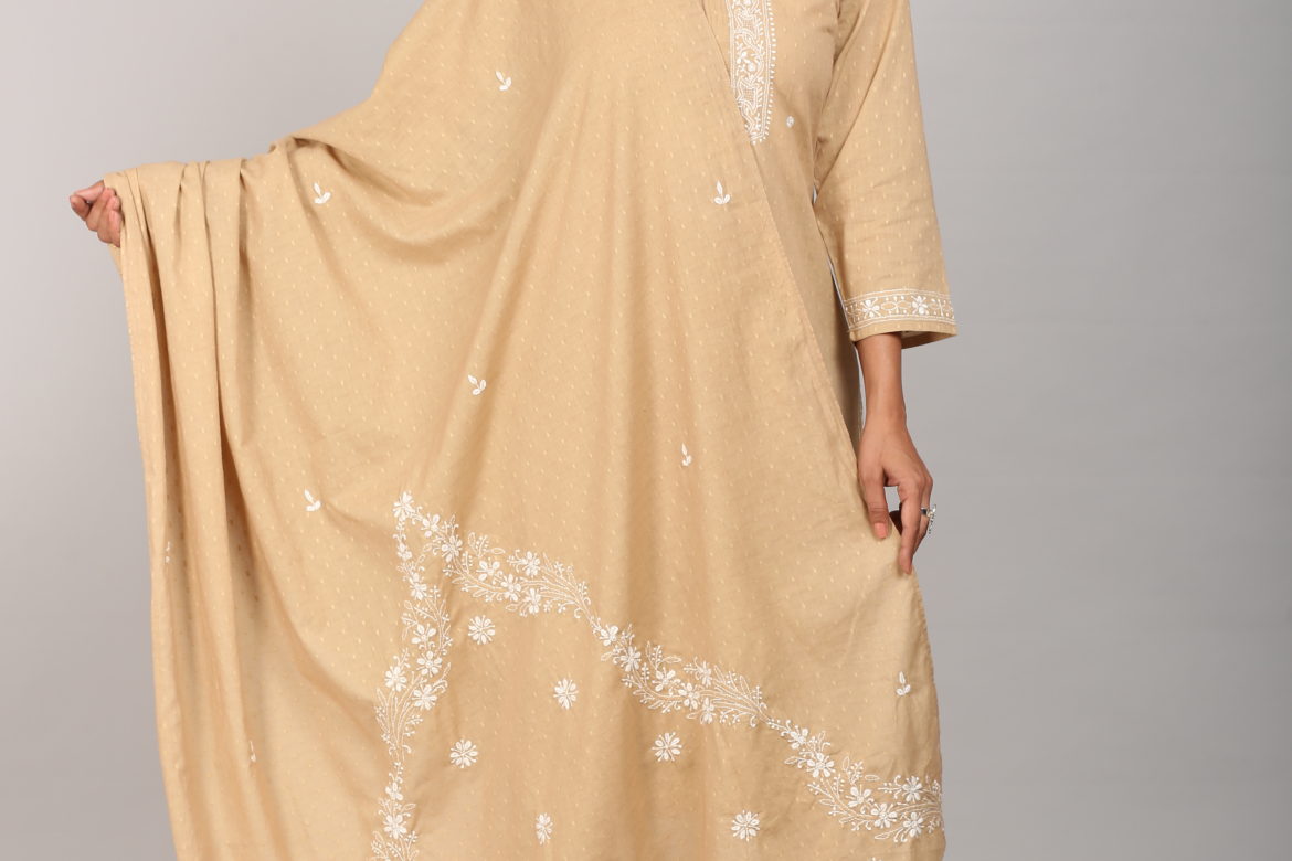 Beige chikankari dupatta