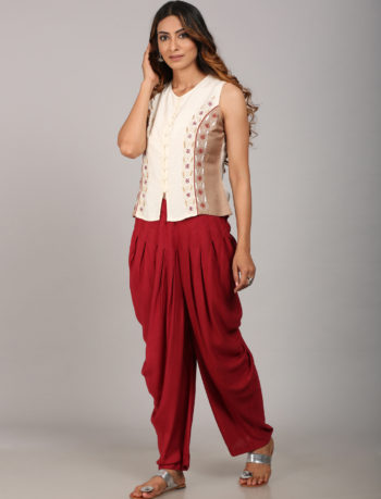 Deep red dhoti pant side view