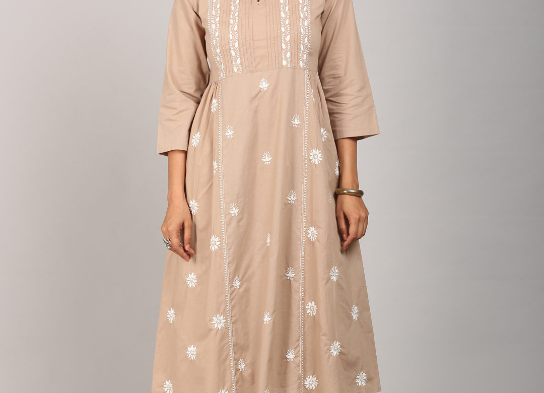 beige Chikan embroidery kurti