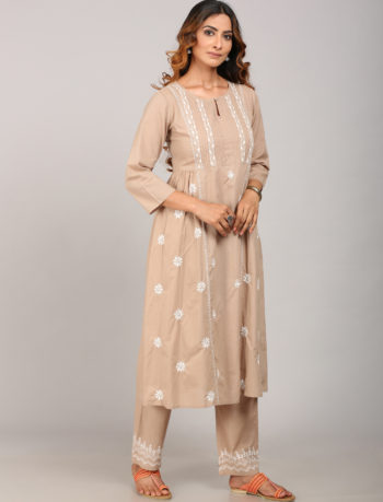 beige Chikan embroidery kurti side view