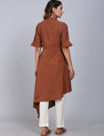 brown asymmetrical pattern kurta with frills on sleeves back view