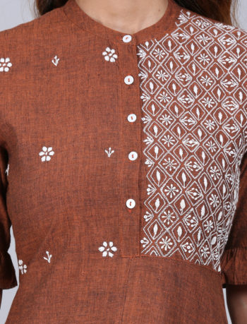 brown asymmetrical pattern kurta with frills on sleeves yoke view view
