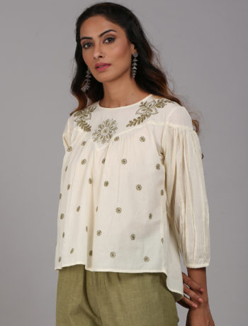 Off white top with green chikankari SIDE VIEW