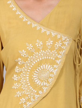 Mustard chikankari embroidered angarkha tunic yoke view