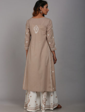 A- line long kurta in beige color back view
