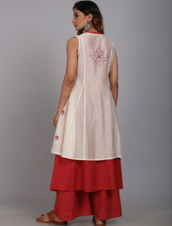 Long dress with embroidered chanderi off white jacket back view