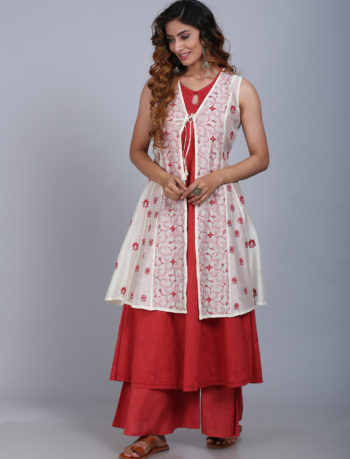 Long dress with embroidered chanderi off white jacket side view