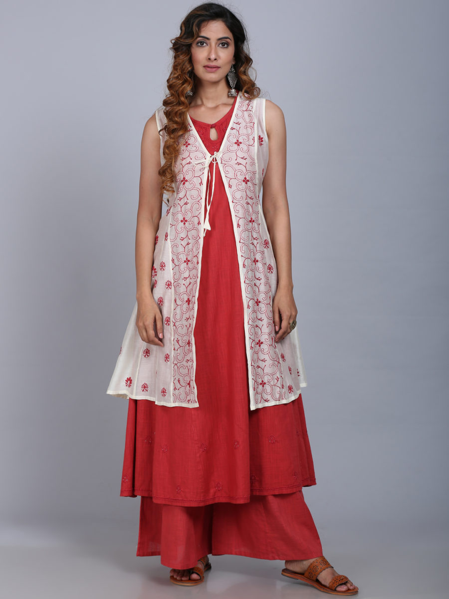 Long dress with embroidered chanderi off white jacket