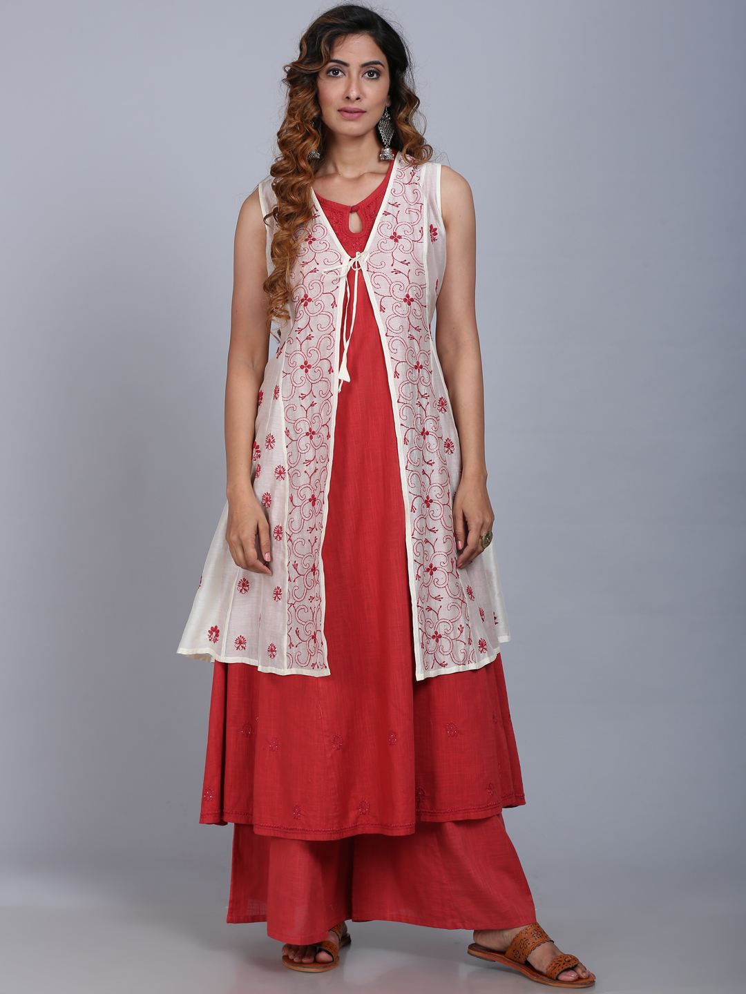 Long dress with embroidered chanderi off white jacket | Ethnic and Beyond