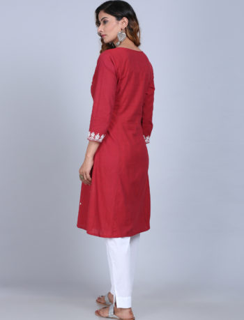 Mirror work chikankari with inverted box pleat on front panelled long kurta back view