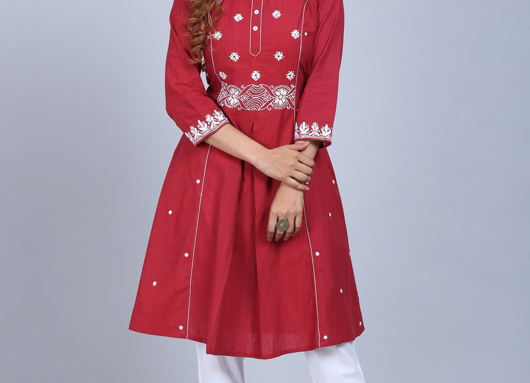 Mirror work chikankari with inverted box pleat on front panelled long kurta