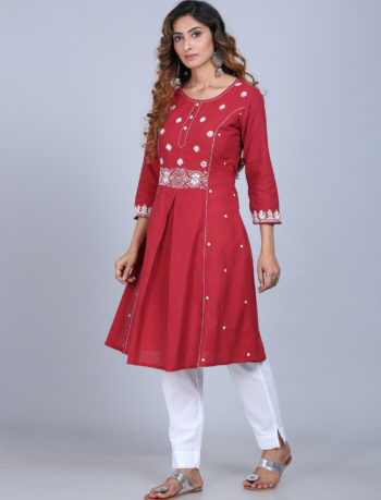Mirror work chikankari with inverted box pleat on front panelled long kurta side view