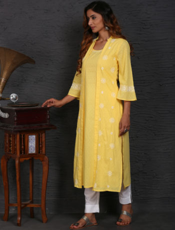 Attached Jacket style long kurta with flared sleeves side Look