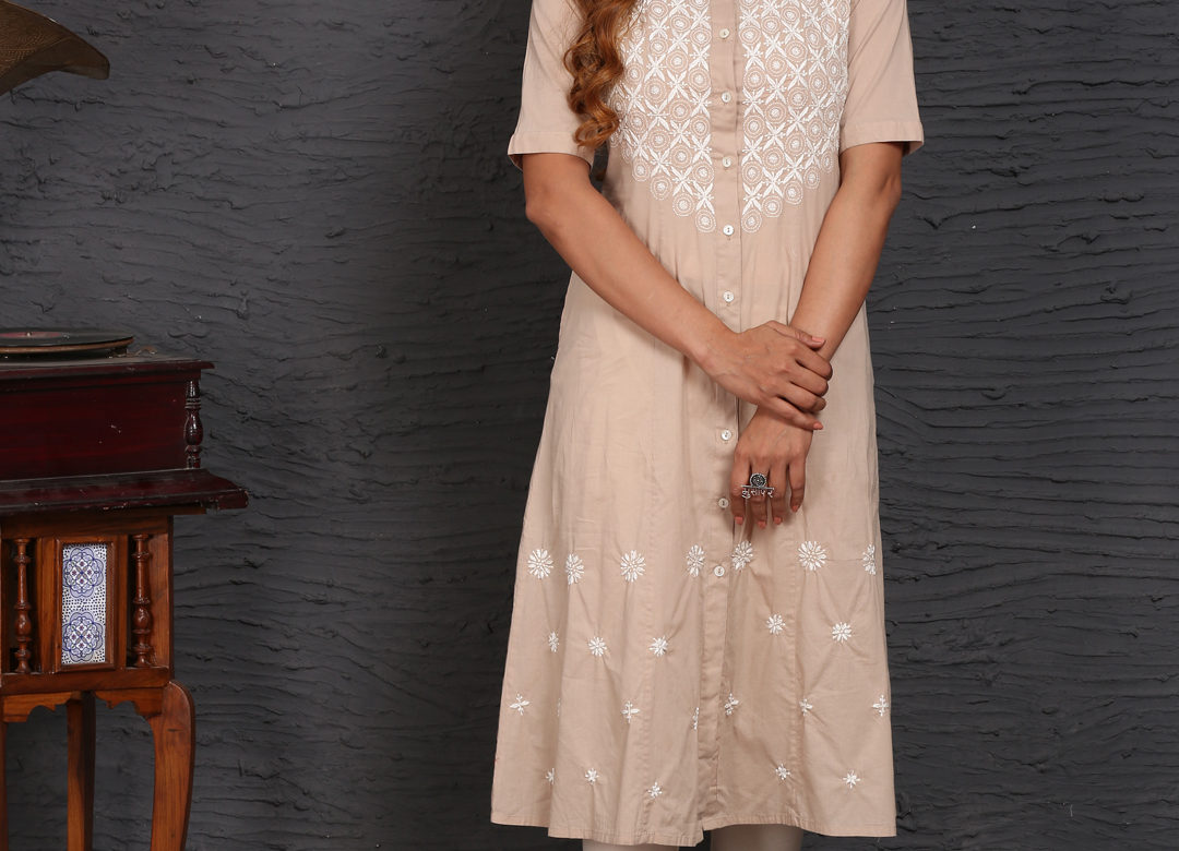 Beige and off white chikankari long shirt kurta