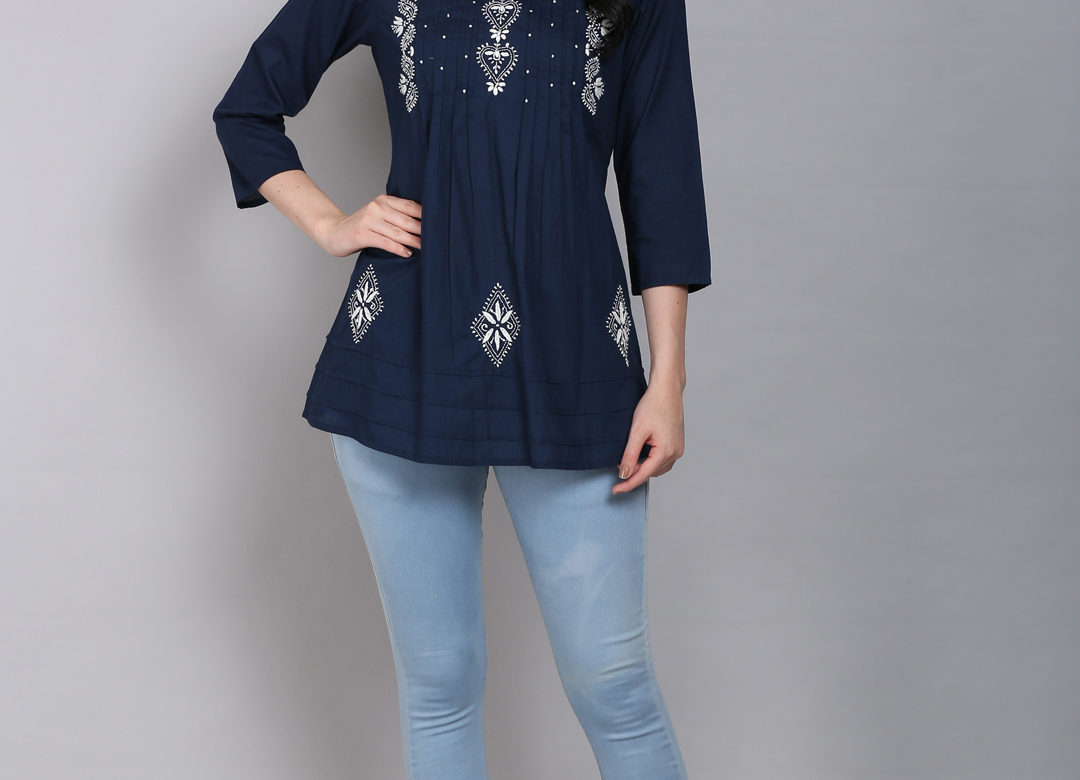 Navy chikankari pintuck yoke tunic