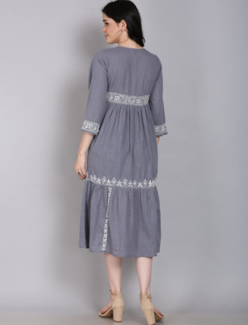 Grey sleeve long lucknowi chikankari dress with white embroidery 3
