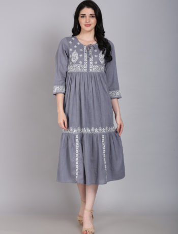 Grey sleeve long lucknowi chikankari dress with white embroidery