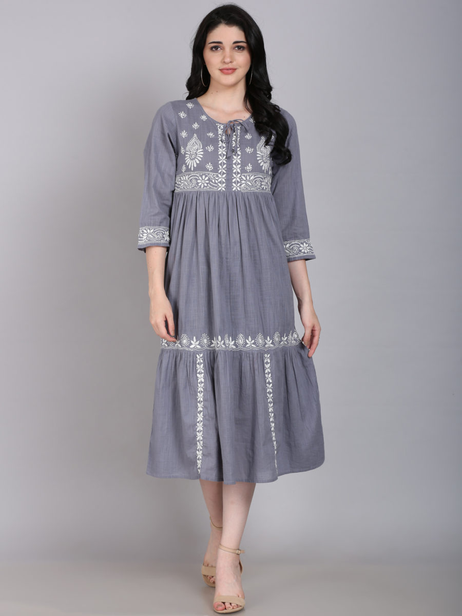Grey sleeve long lucknowi chikankari dress with white embroidery