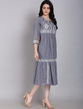 Grey sleeve long lucknowi chikankari dress with white embroidery 1