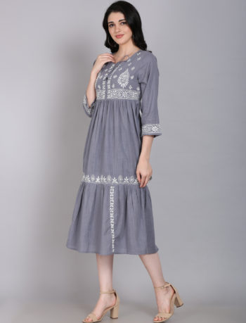 Grey sleeve long lucknowi chikankari dress with white embroidery 2