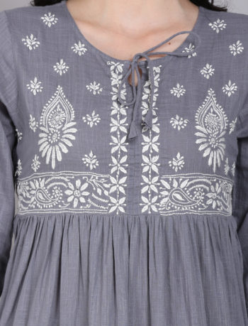 Grey sleeve long lucknowi chikankari dress with white embroidery 4