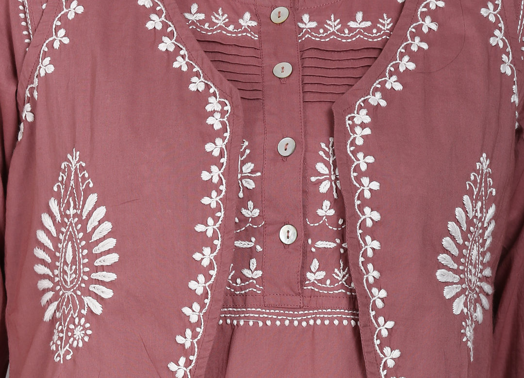 Mauve sleeveless lucknowi chikankari waistcoat