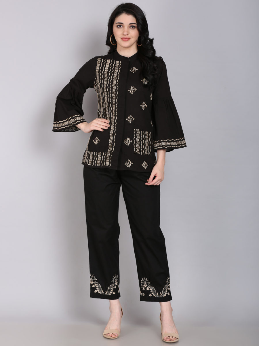 Chikankari shirt with bell sleeves and conceal placket